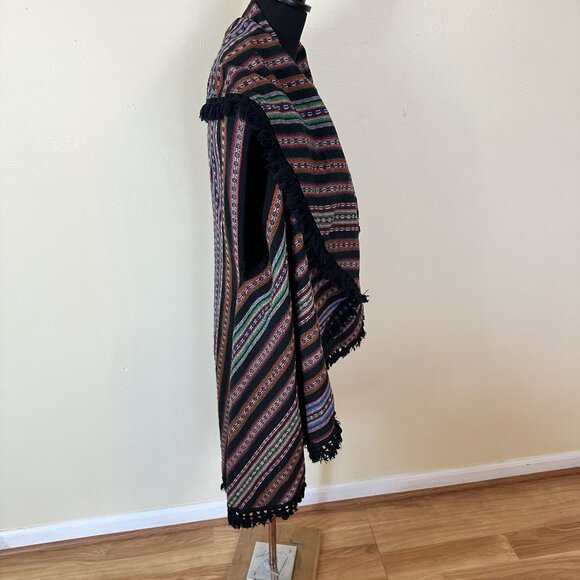 Handwoven Multicolor Striped Womens Vest Medium Poncho Fringe Ehnic Boho Cotton - Picture 7 of 7
